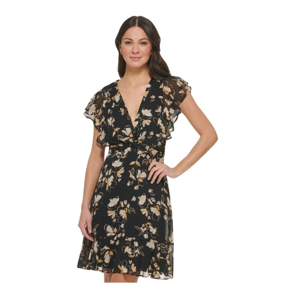 DKNY Womens Black Twist Front Flounce Hem Lined Flutter Sleeve Dress 4 - Picture 3 of 4